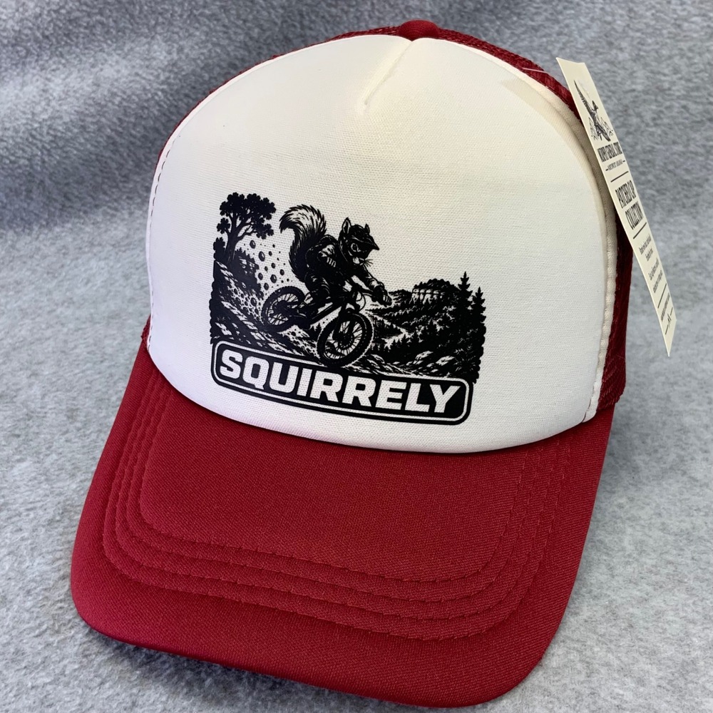 Squirrely Mountain Biking Mens Red Mesh Trucker Hat Patch OSFM